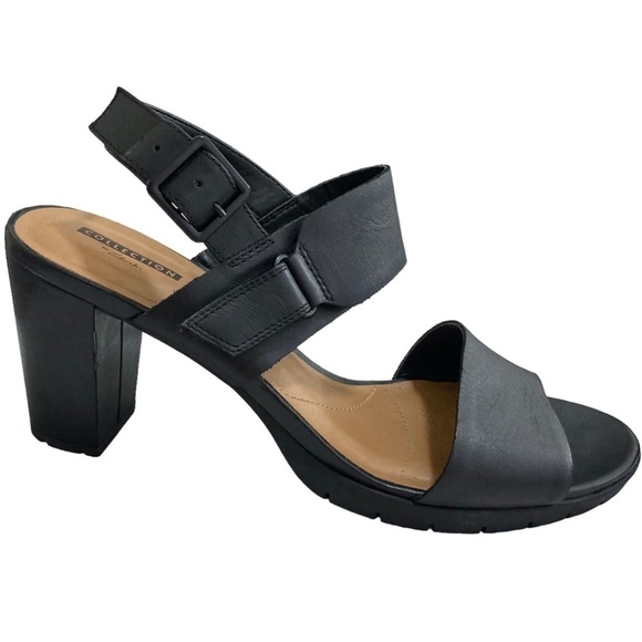 CLARKS Black Leather Ankle Strap Chunky Heel Slingback Sandals NEW - Picture 1 of 11
